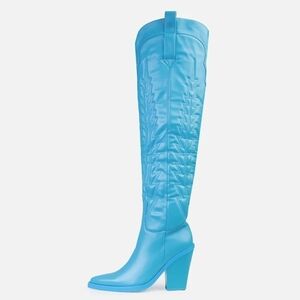 Azalea Wang "Aqua Storm"Western Heels Elegant Blue Over the Knee Boots(BRAND NEW
